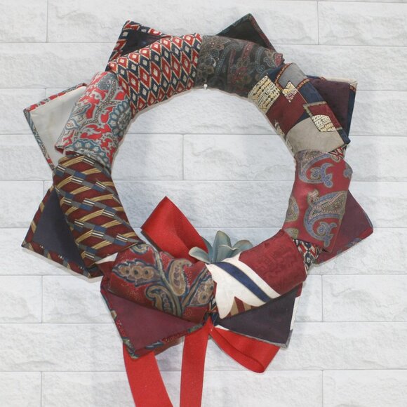 HAND CRAFTED Wreath Upcycled Necktie Christmas Holiday Red Floral Decor - Picture 2 of 11